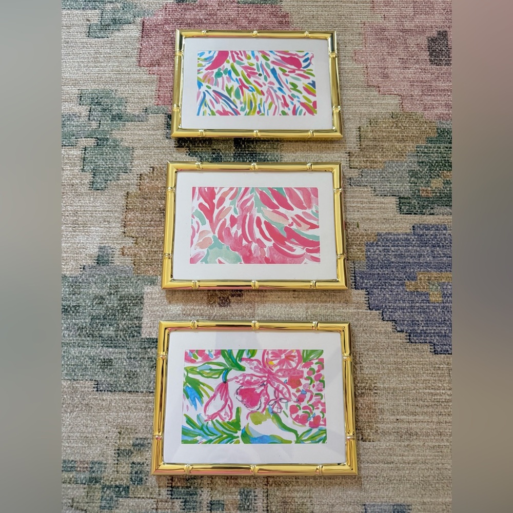 Set of 3 Lilly Pulitzer prints in gold bamboo frames
